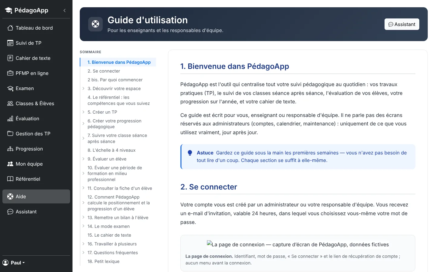 Aide intégrée de l'enseignant : sommaire à gauche et chapitres avec schémas.