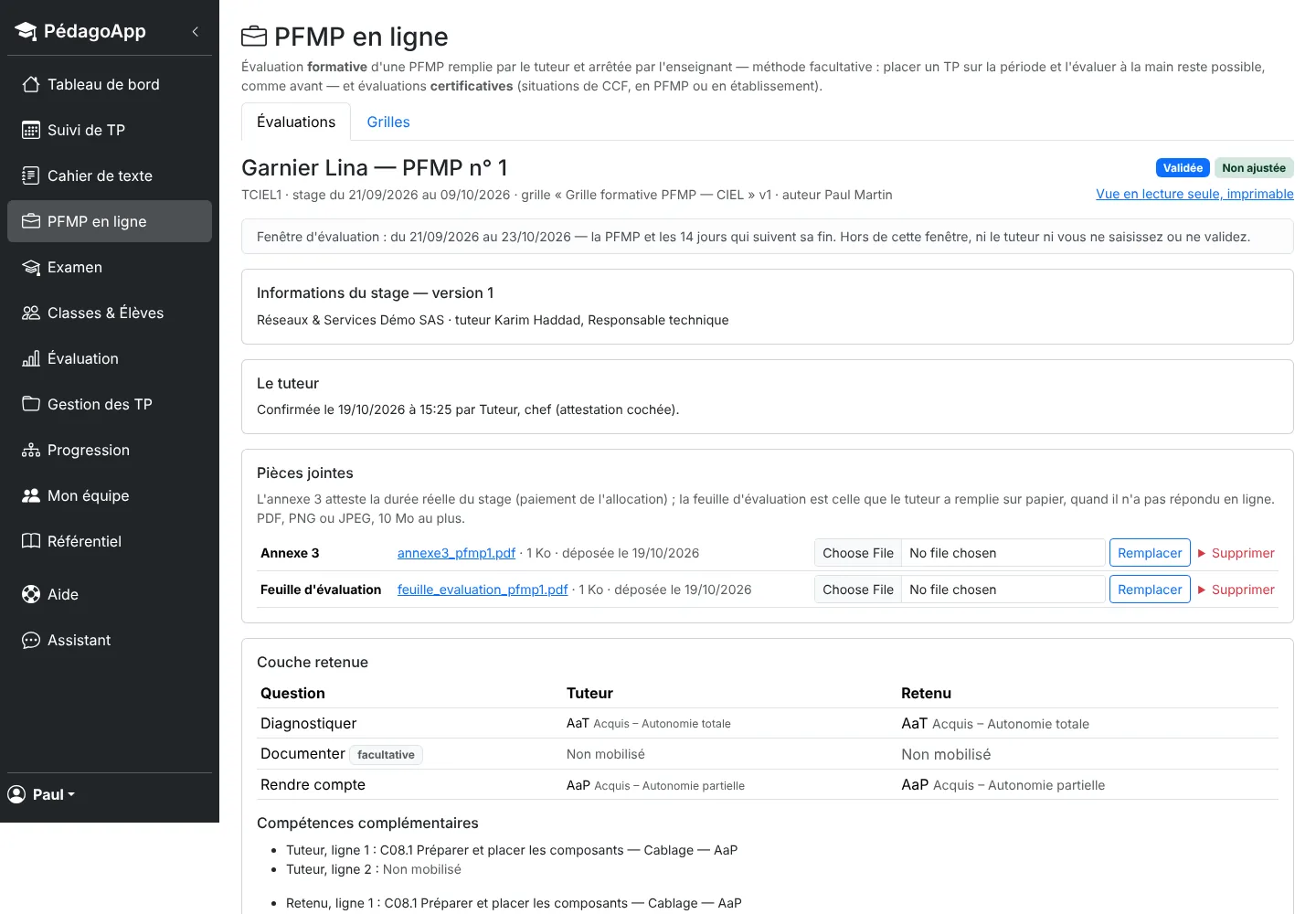Évaluation de PFMP : informations du stage et du tuteur, réponses du tuteur et évaluation retenue par l'enseignant avec les écarts motivés.